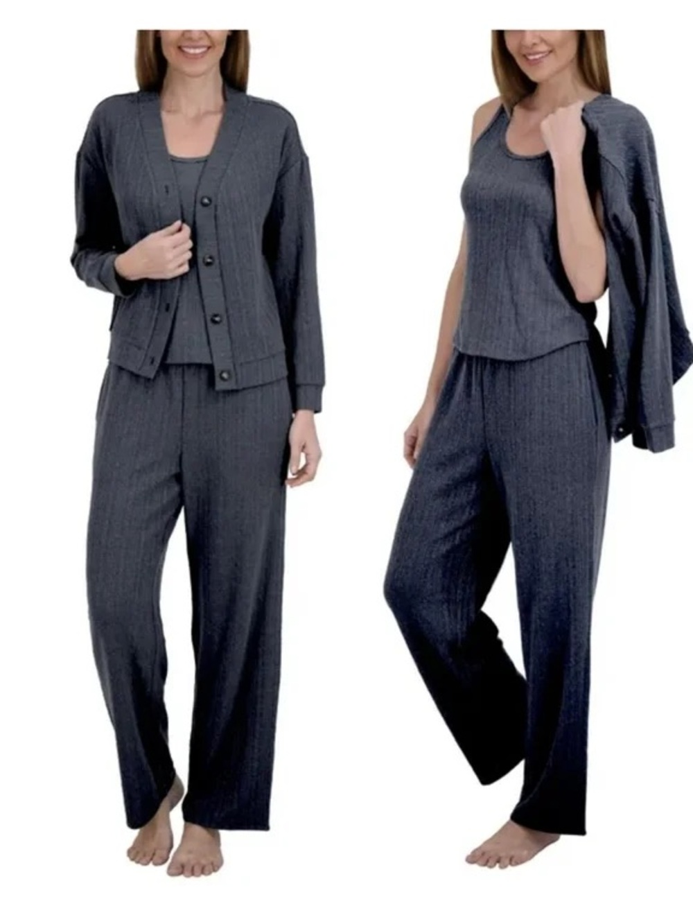 NWT Live2Lounge 3-Piece Navy Ribbed Knit Lounge Set - Tank, Pants & Cardigan